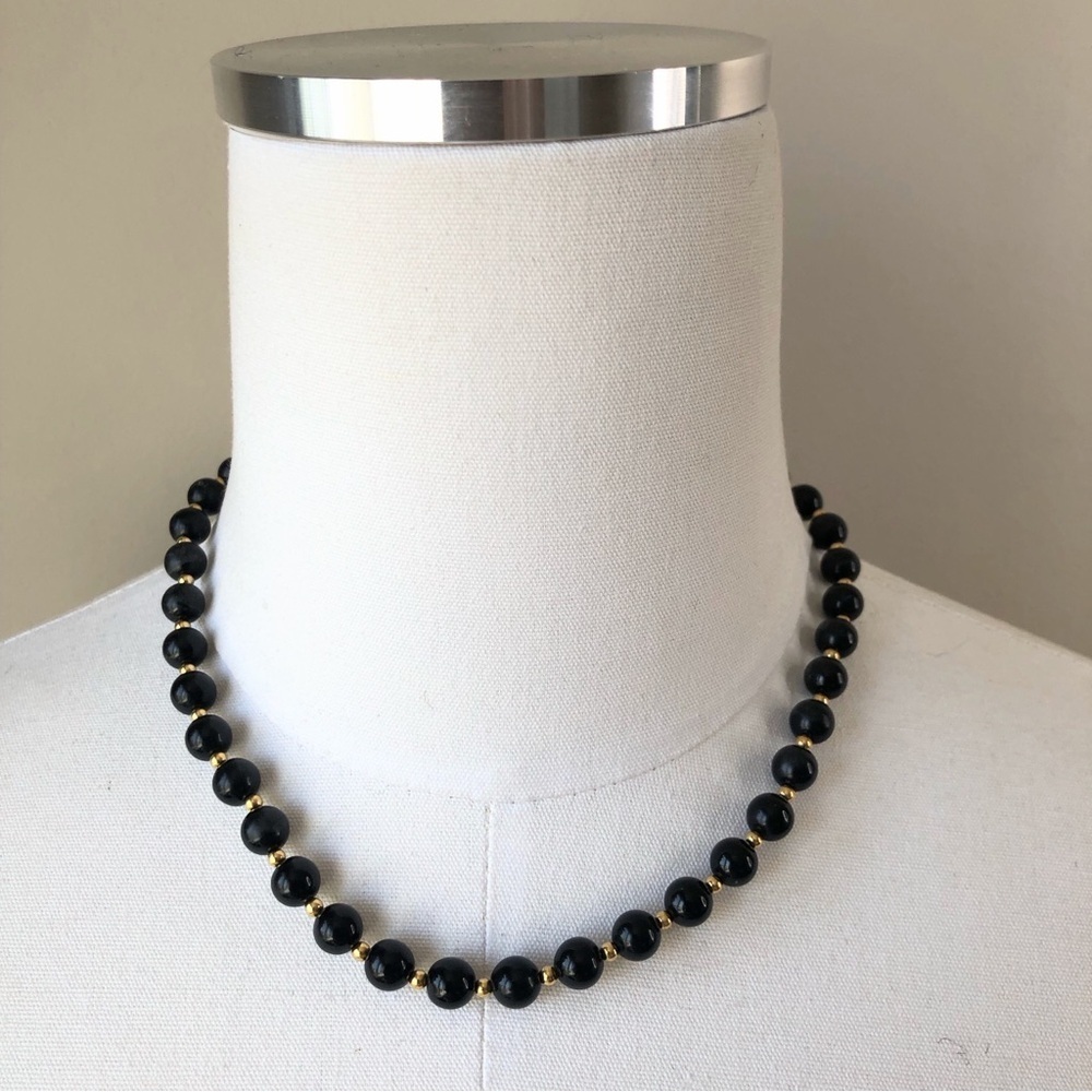 Vintage Monet Signed Black & Gold beaded short necklace